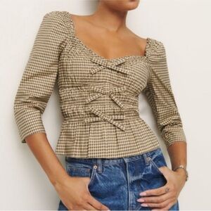 NWT Reformation Lauryn Checkered Quarter Sleeve Bow Top Brown 8